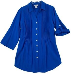 Soft Surroundings Blouse Size S Blue Tunic Button Up Pleated Roll Tab Sleeve